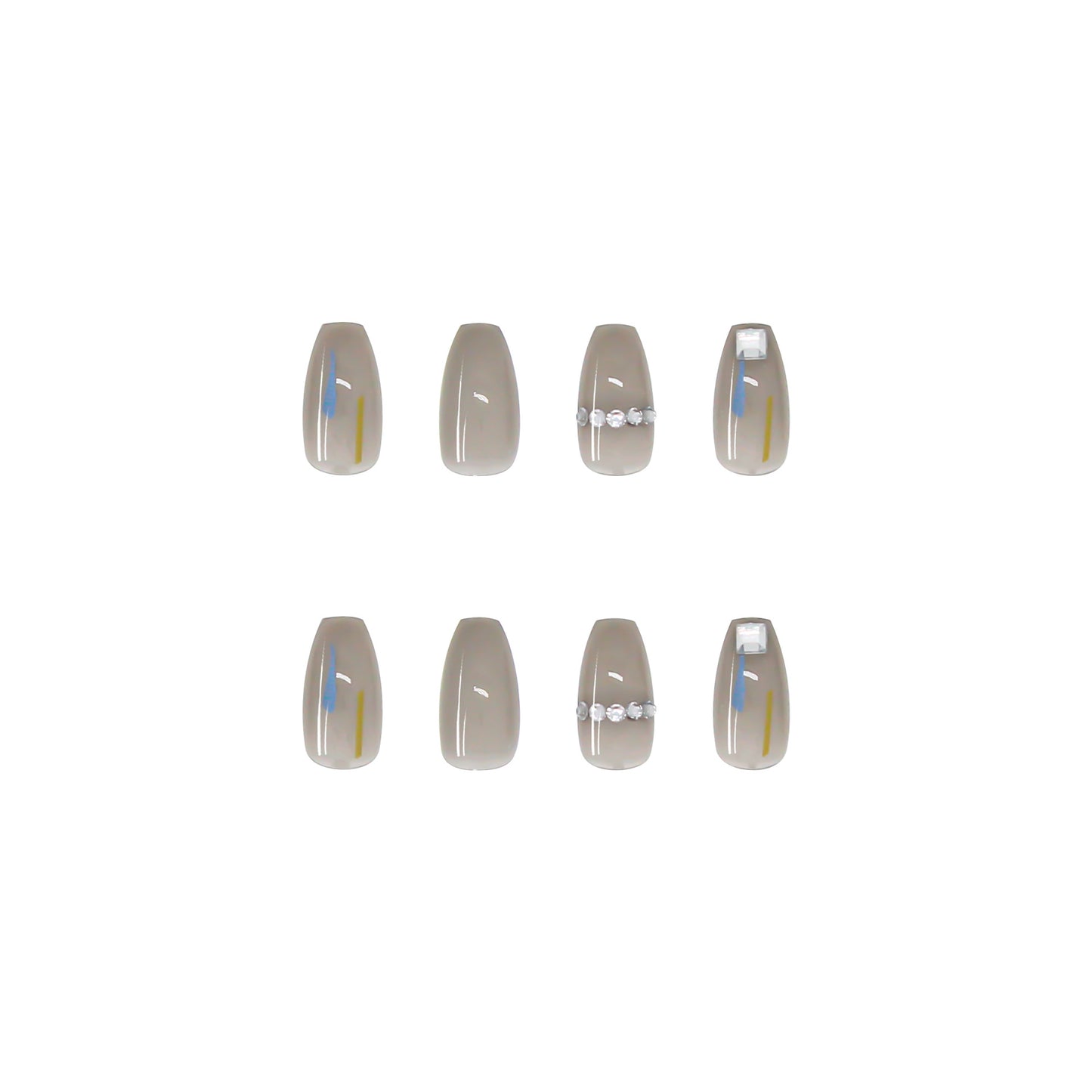 Coffin Press-On Nails - Sheer Grey with Strokes & Crystal