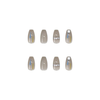 Coffin Press-On Nails - Sheer Grey with Strokes & Crystal
