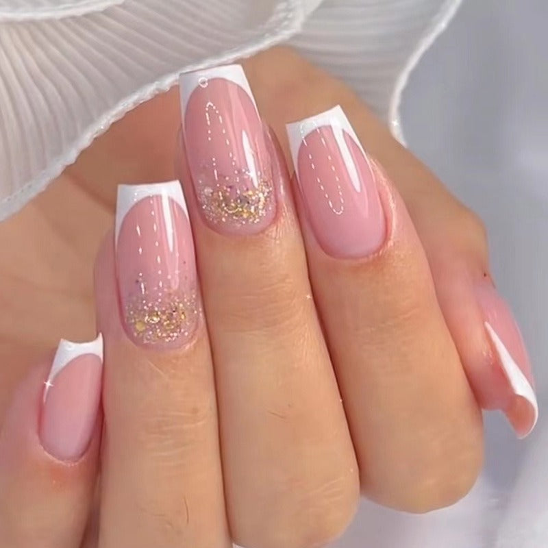 Coffin Press-On Nails - Pink & White French Tip with Glitter