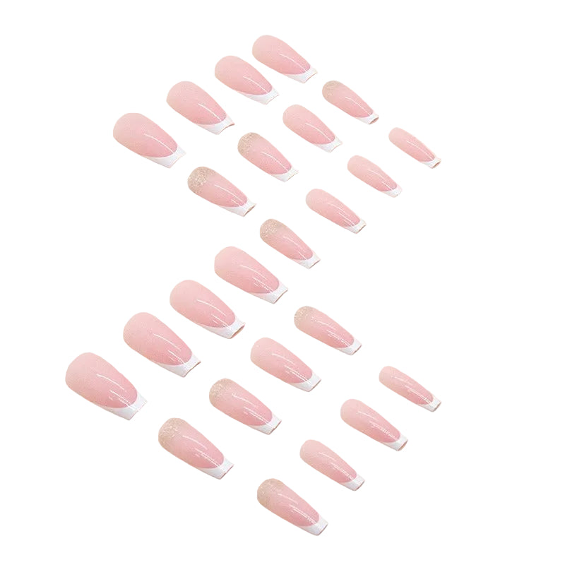 Coffin Press-On Nails - Pink & White French Tip with Glitter