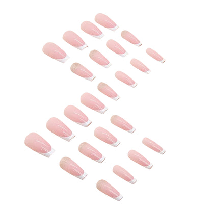 Coffin Press-On Nails - Pink & White French Tip with Glitter