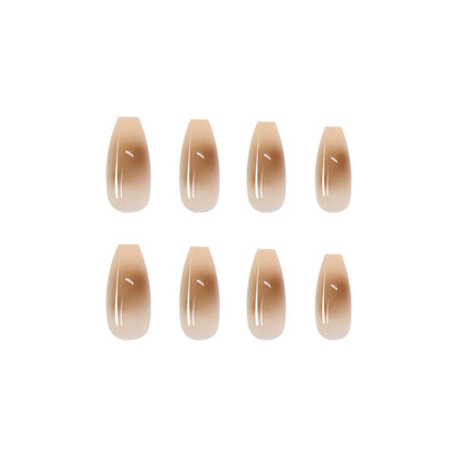 Long Coffin Press-On Nails - Sheer Nude with Mocha Brown Aura Design