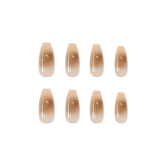 Long Coffin Press-On Nails - Sheer Nude with Mocha Brown Aura Design